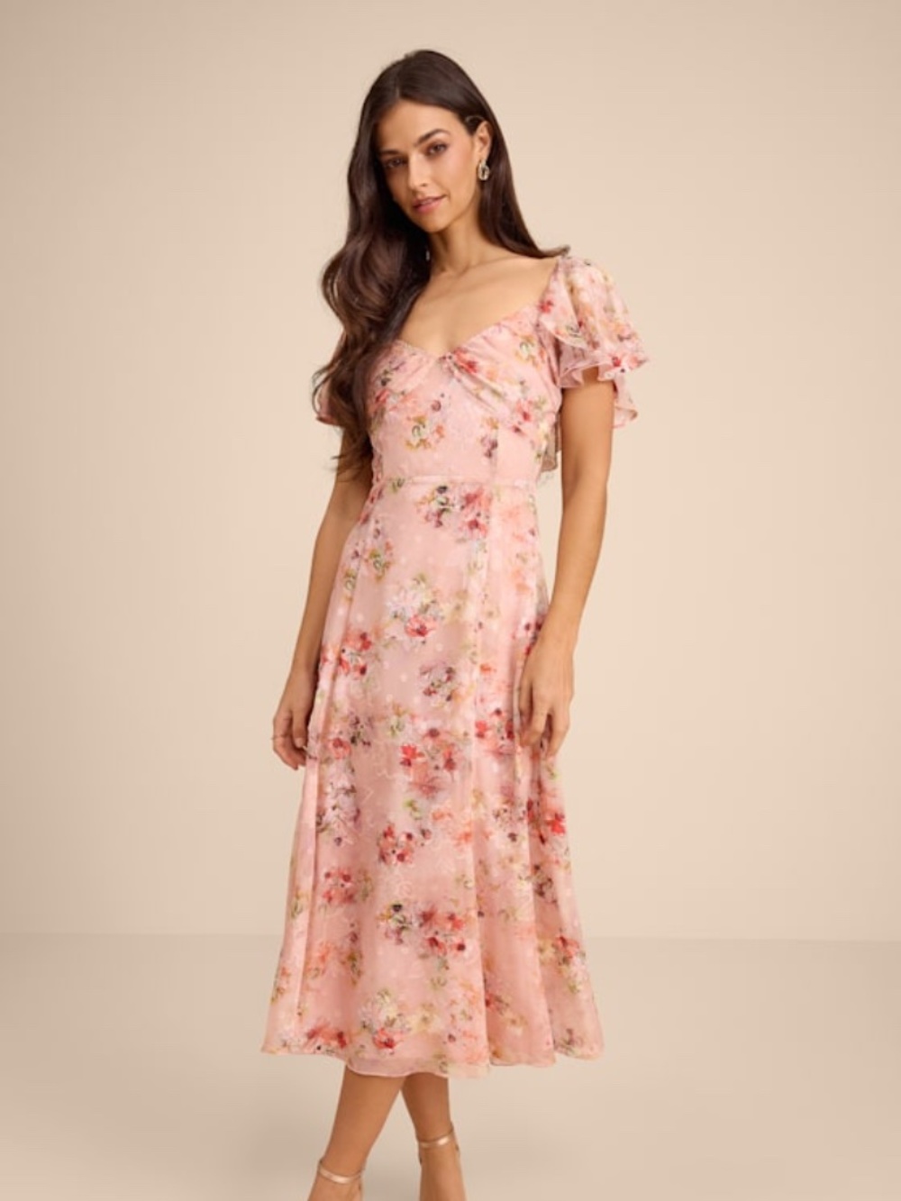 Lulus Camillo Blush Floral Jacquard Flutter Sleeve Midi Dress Pink - Size S